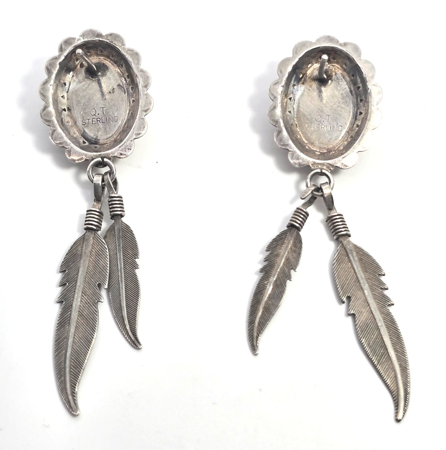 QT Quoc Turquoise gemstone inlay sterling silver vintage long feather earrings