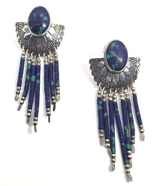 Tk Sterling Azurite Heishi Bead Sterling Silver vintage Dangle Earrings