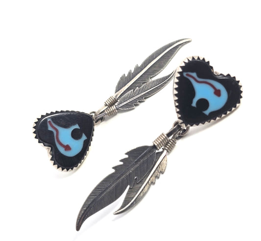 QT Quoc Turquoise Zuni bear black heart sterling silver vintage feather earrings