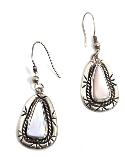 Native American Navajo Mother of Pearl MOP sterling silver drop vintage earrings