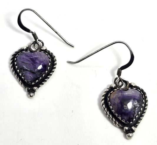 Charoite Purple gemstone heart sterling silver vintage drop earrings