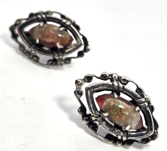 Mexican Taxco vintage gold aventurine glass screw back sterling silver earrings
