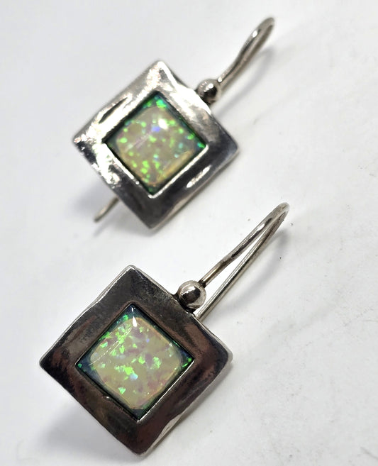 Israel Hammered Sterling Silver Roman Glass locking back drop earrings
