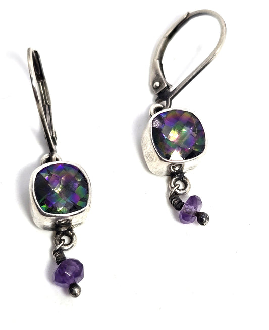 Sajen  mystic topaz and amethyst tribal Bali sterling silver vintage earrings