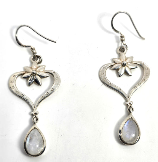 Blue moonstone gemstone hear with flowers pear cut sterling silver earrings