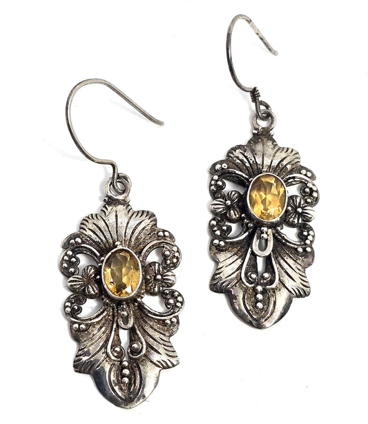 IN Citrine gemstone Balinese Bali tribal vintage sterling silver drop earrings