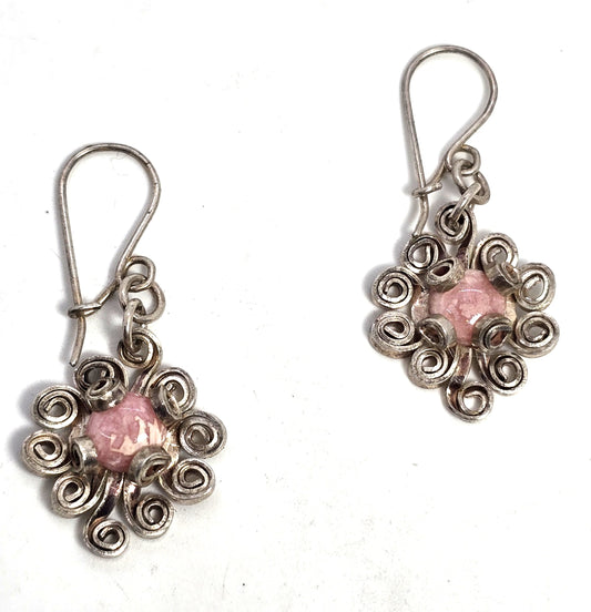 Rhodochrosite banded pink vintage wire handcrafted sterling silver earrings