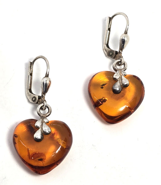 Baltic amber heart vintage sterling silver drop lever back earrings