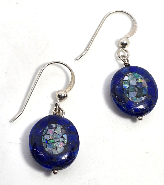Blue fire opal and lapis lazuli mosaic sterling silver drop earrings