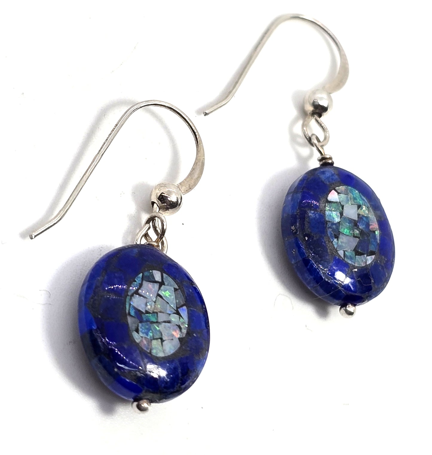 Blue fire opal and lapis lazuli mosaic sterling silver drop earrings