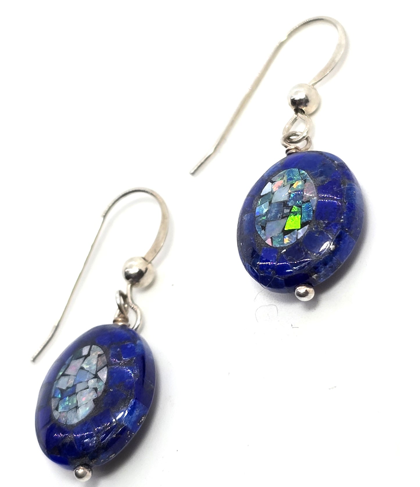 Blue fire opal and lapis lazuli mosaic sterling silver drop earrings