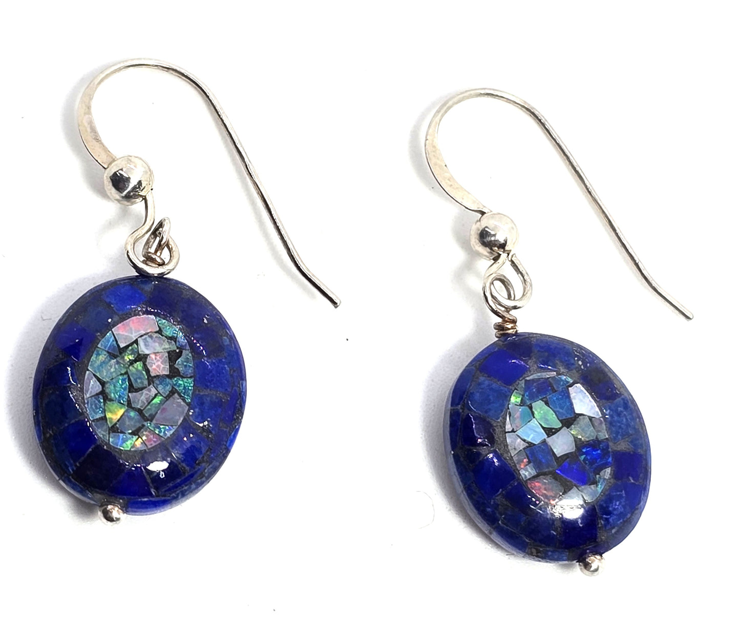 Blue fire opal and lapis lazuli mosaic sterling silver drop earrings
