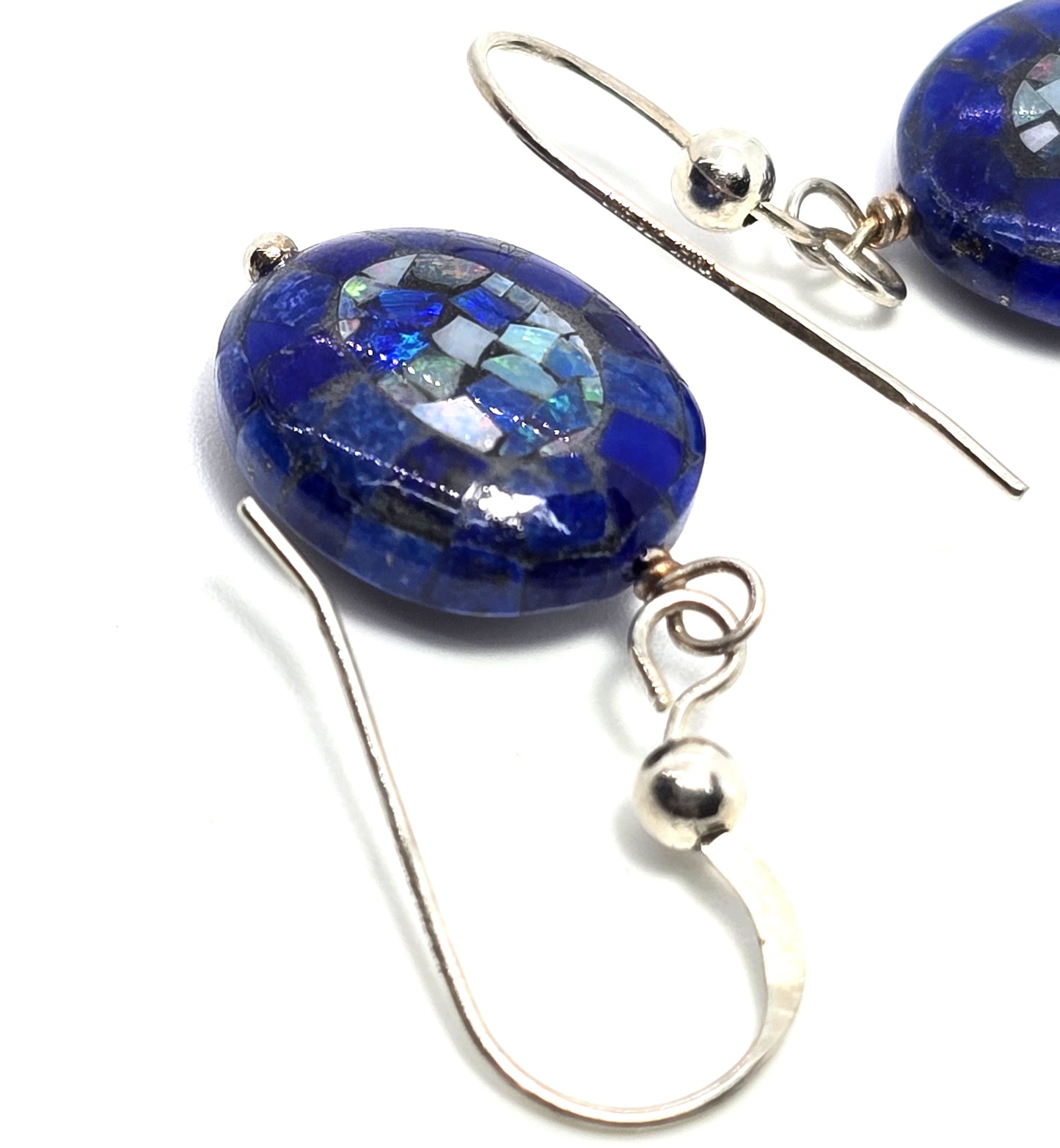 Blue fire opal and lapis lazuli mosaic sterling silver drop earrings