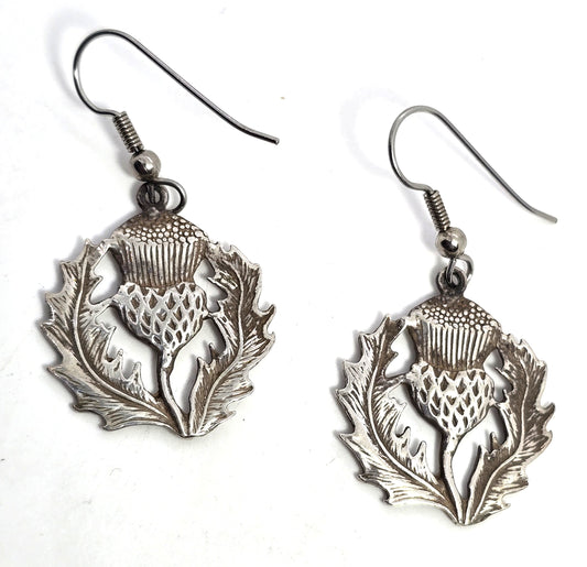 Scottish thistle large vintage sterling silver detailed drop earrings