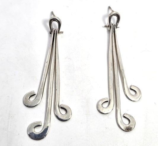 Taxco Mexico long curled vintage sterling silver drop earrings 2.25 inches
