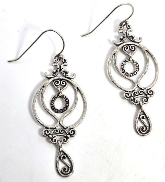 Extra long scroll drop vintage sterling silver 2.5 inch Israel earrings