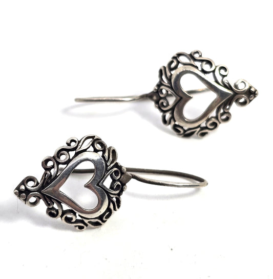 Jezebel retro open work filigree heart tribal vintage sterling silver earrings