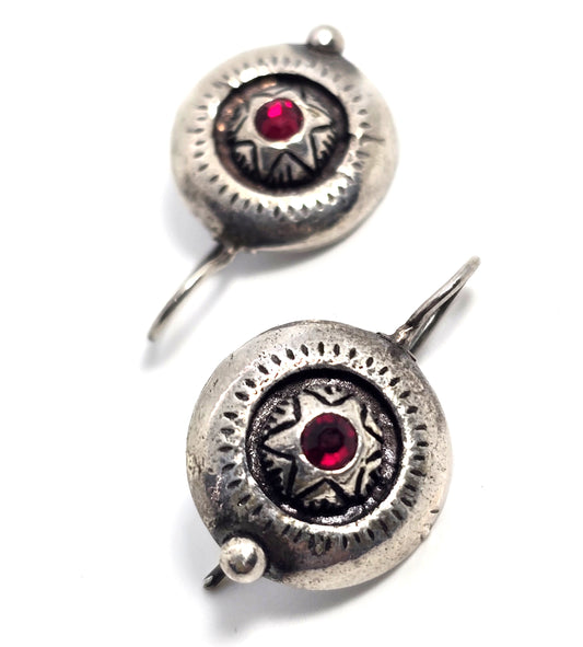 Red Bali Balinese tribal style sterling silver faceted glass vintage drop earrings