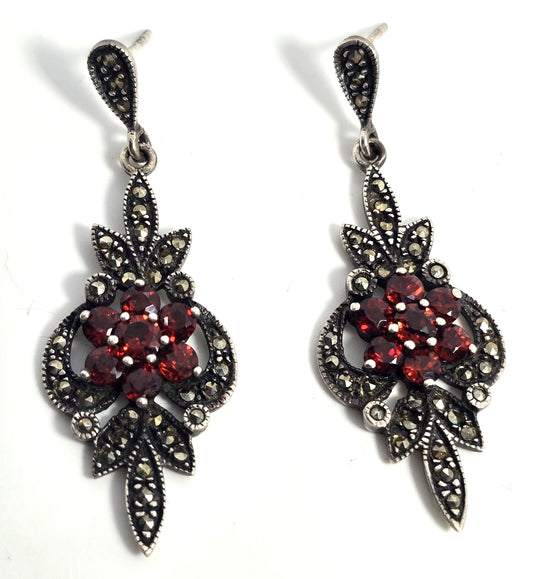 Garnet flower and marcasite sterling silver Art Deco style vintage earrings NF
