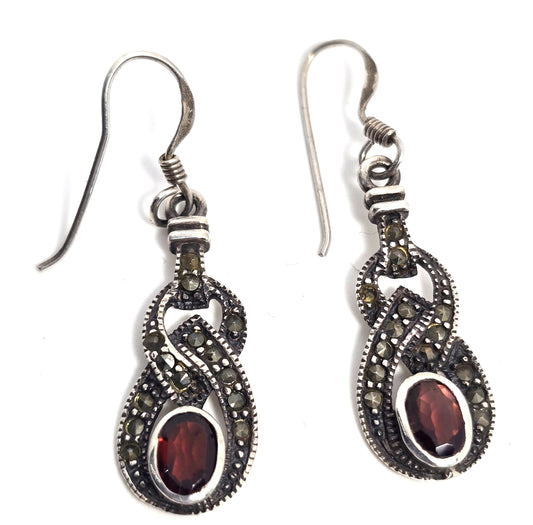 Garnet and marcasite sterling silver Art Deco style vintage earrings