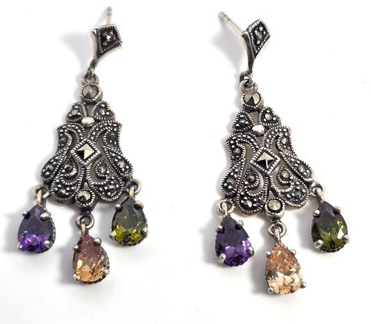 Multi gemstone Cubic zirconia large marcasite Sterling Silver earrings