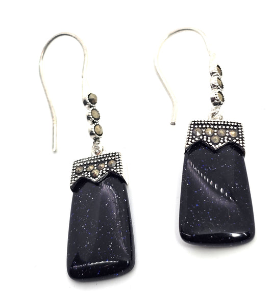 Blue goldstone gemstone marcasite vintage silver plated earrings