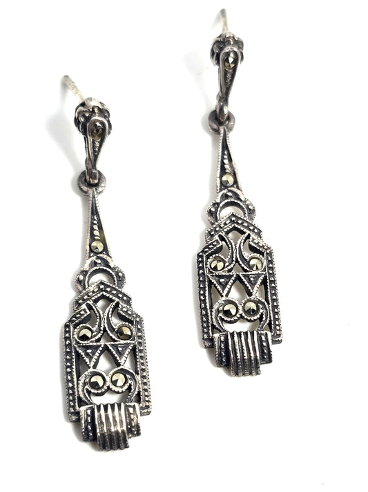 Art Deco style marcasite and sterling silver drop post vintage earrings