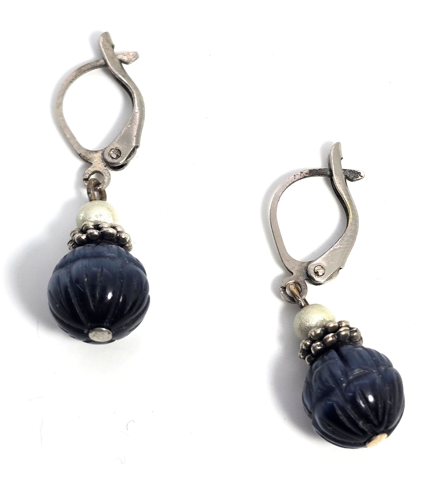 Blue tiger's eye carved beaded silver plated gemstone vintage earrings