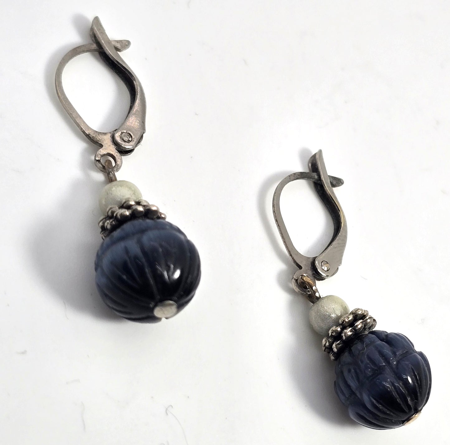 Blue tiger's eye carved beaded silver plated gemstone vintage earrings
