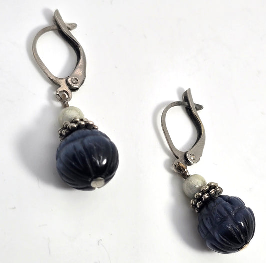 Blue tiger's eye carved beaded silver plated gemstone vintage earrings