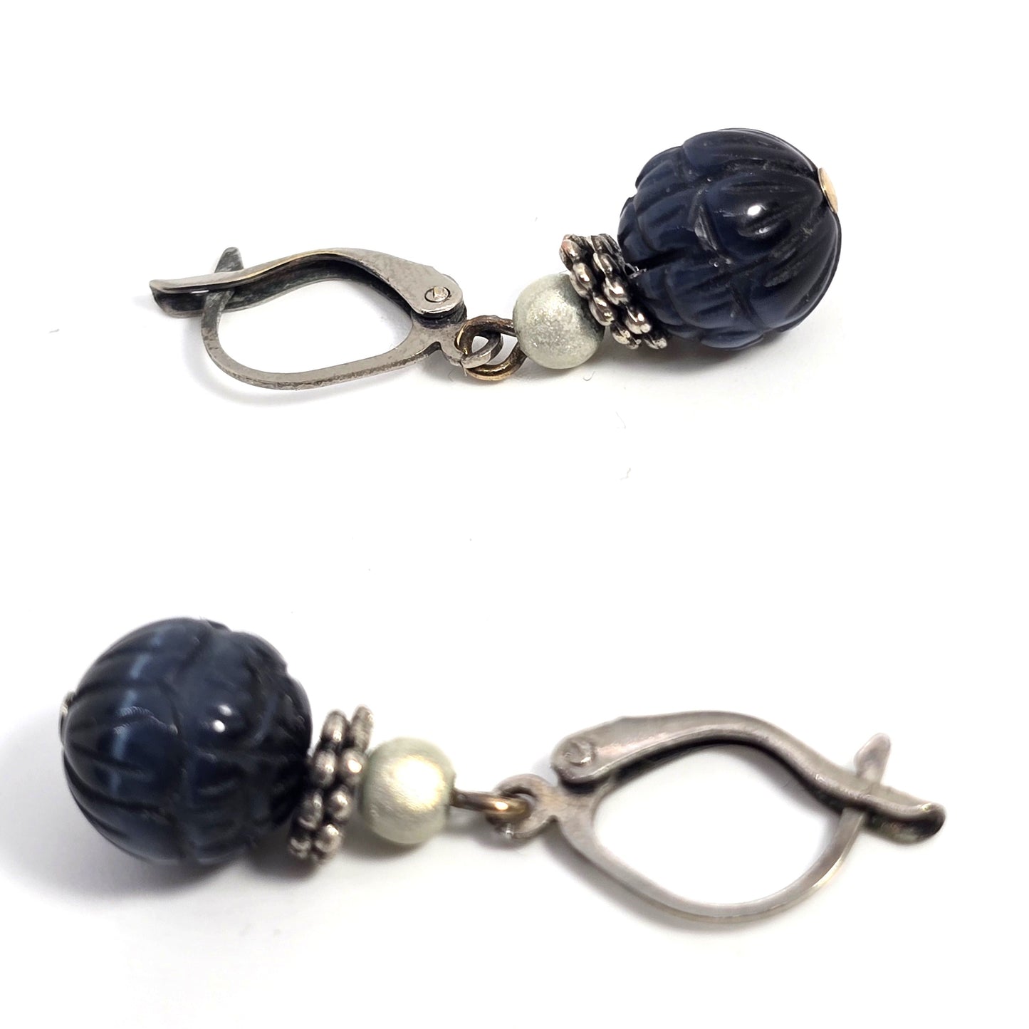 Blue tiger's eye carved beaded silver plated gemstone vintage earrings