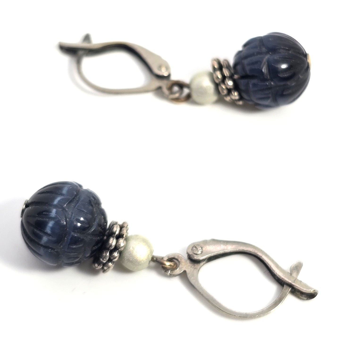 Blue tiger's eye carved beaded silver plated gemstone vintage earrings