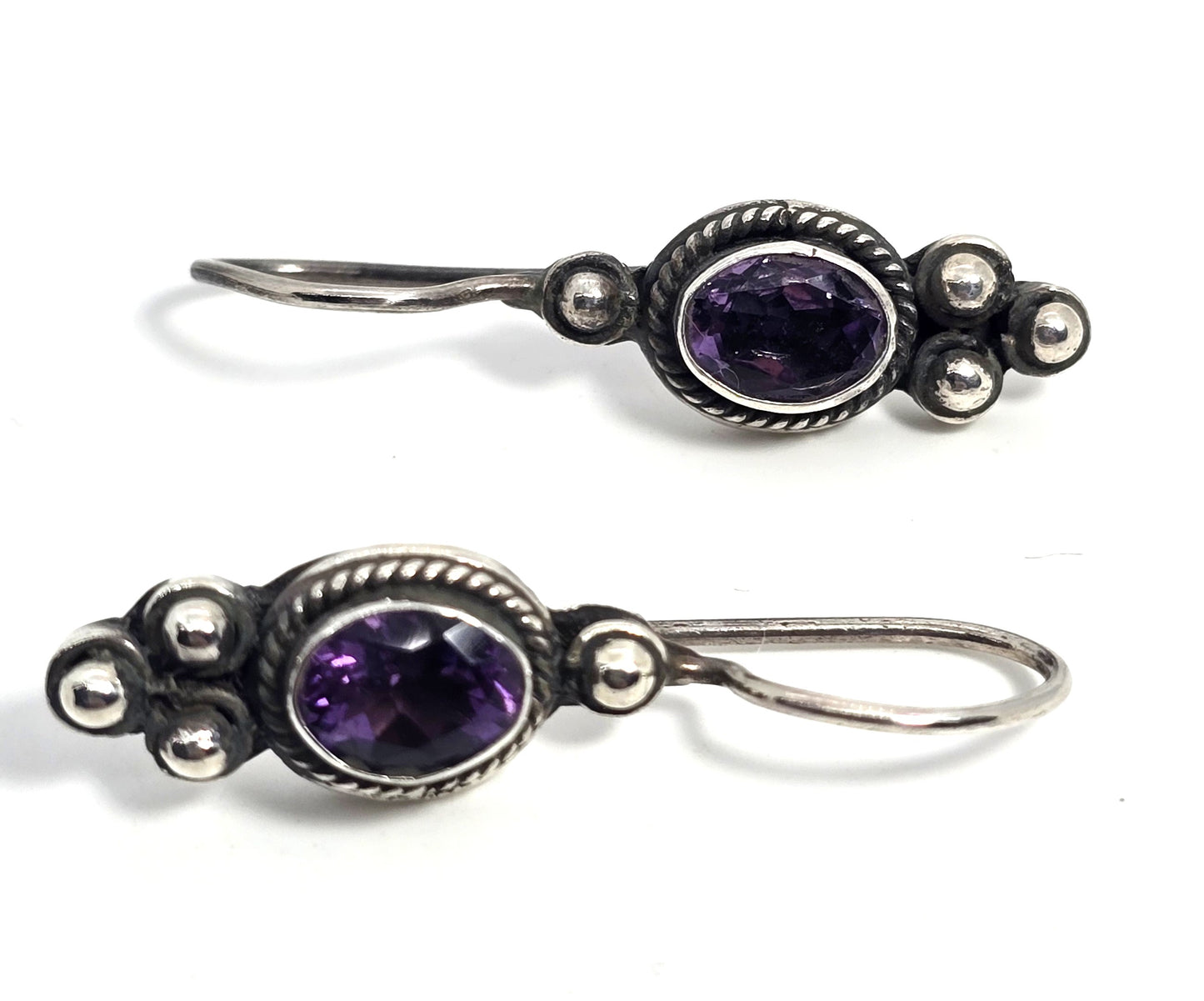 Amethyst purple gemstone tribal Bali vintage sterling silver drop earrings