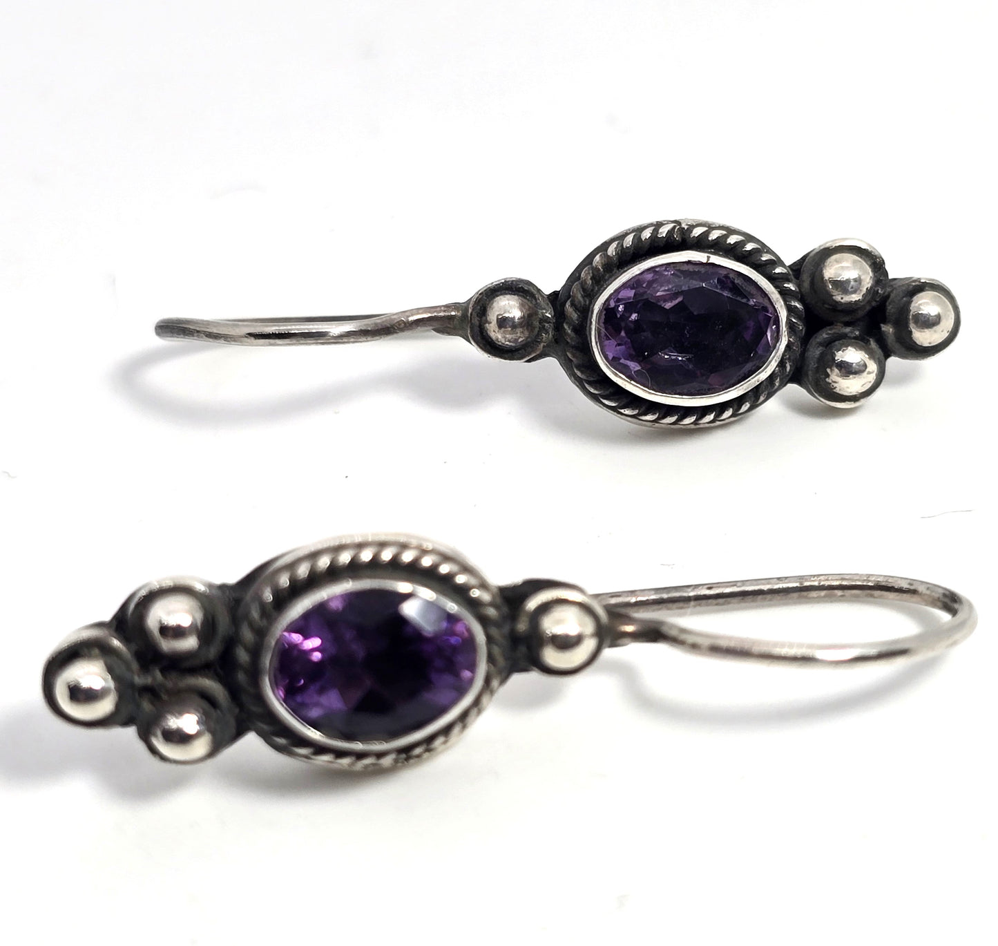 Amethyst purple gemstone tribal Bali vintage sterling silver drop earrings