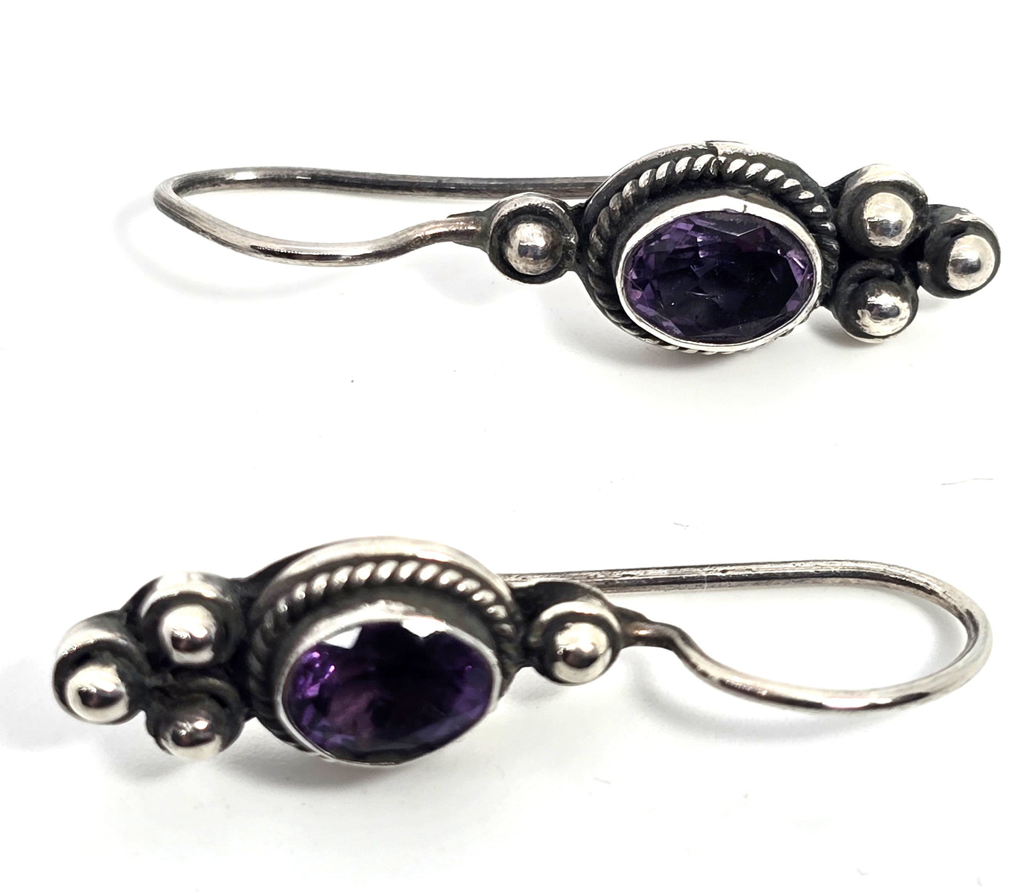 Amethyst purple gemstone tribal Bali vintage sterling silver drop earrings