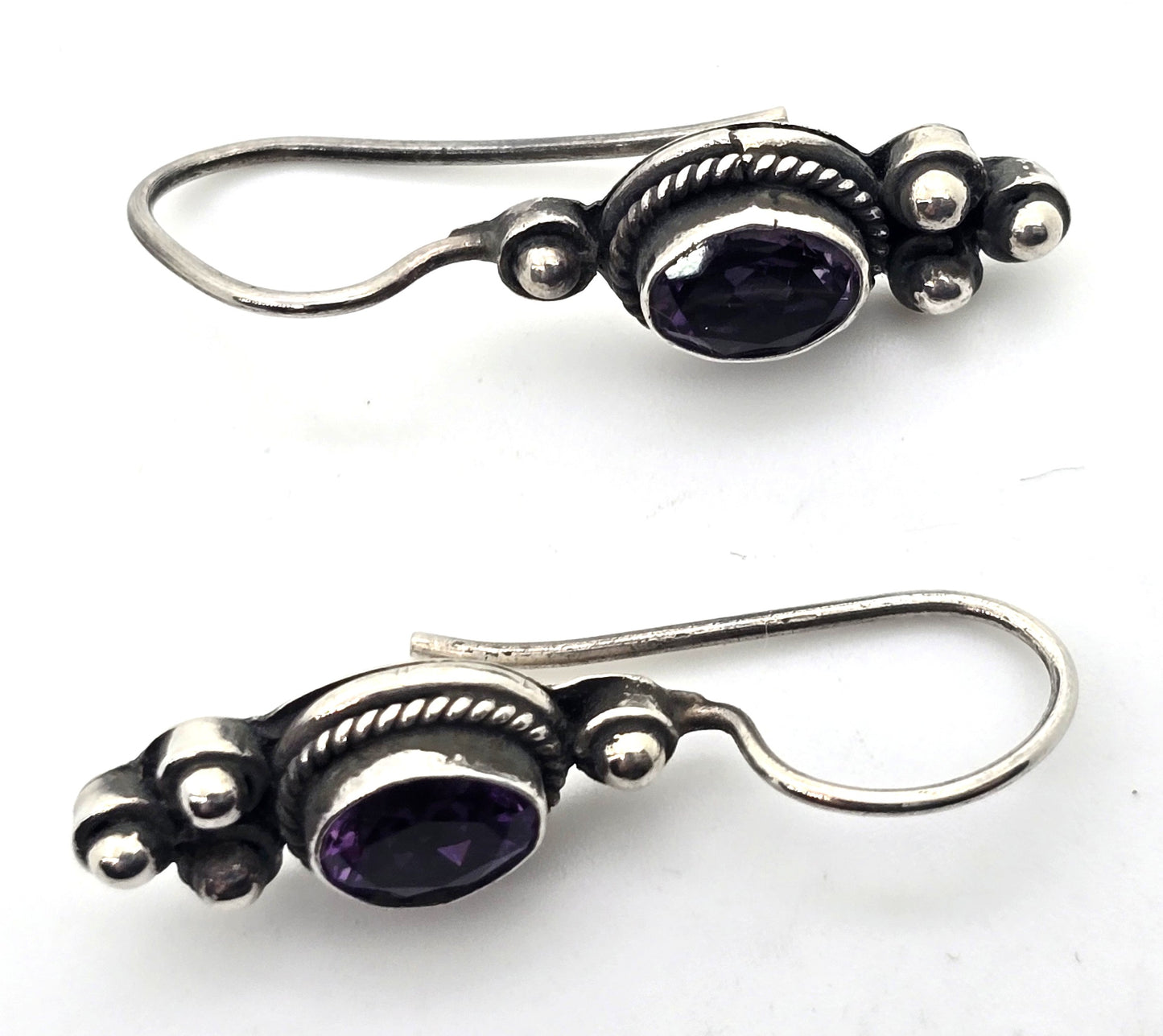 Amethyst purple gemstone tribal Bali vintage sterling silver drop earrings