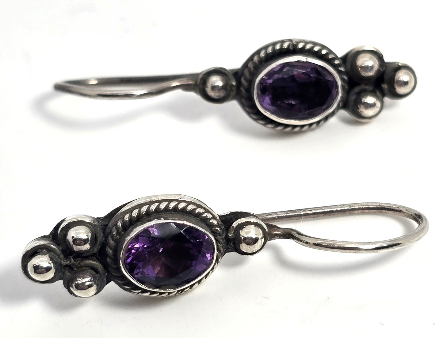 Amethyst purple gemstone tribal Bali vintage sterling silver drop earrings