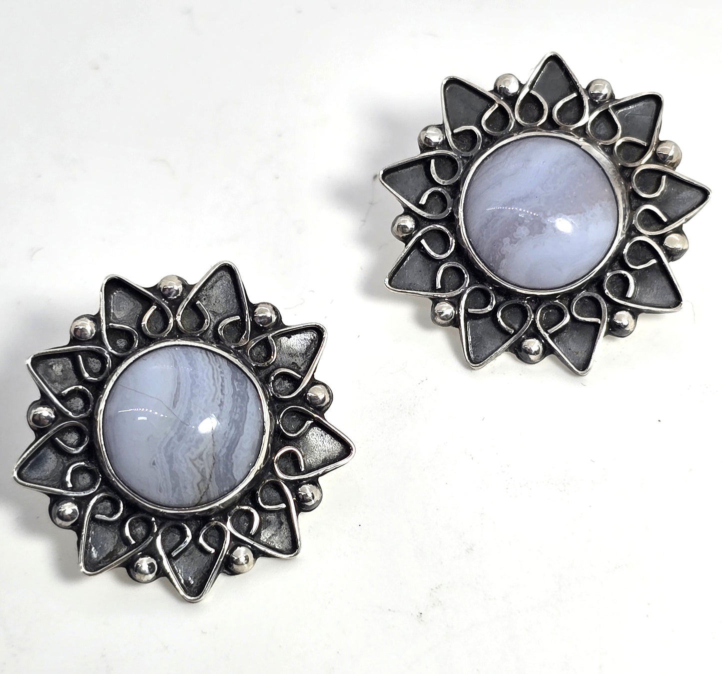 CII Blue Lace Agate Mexican sterling silver post stud vintage earrings