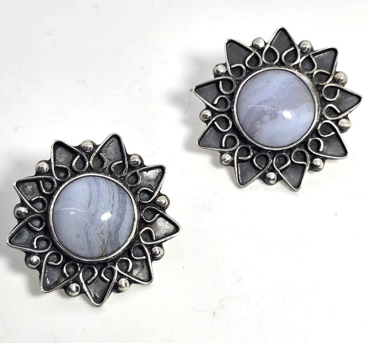 CII Blue Lace Agate Mexican sterling silver post stud vintage earrings