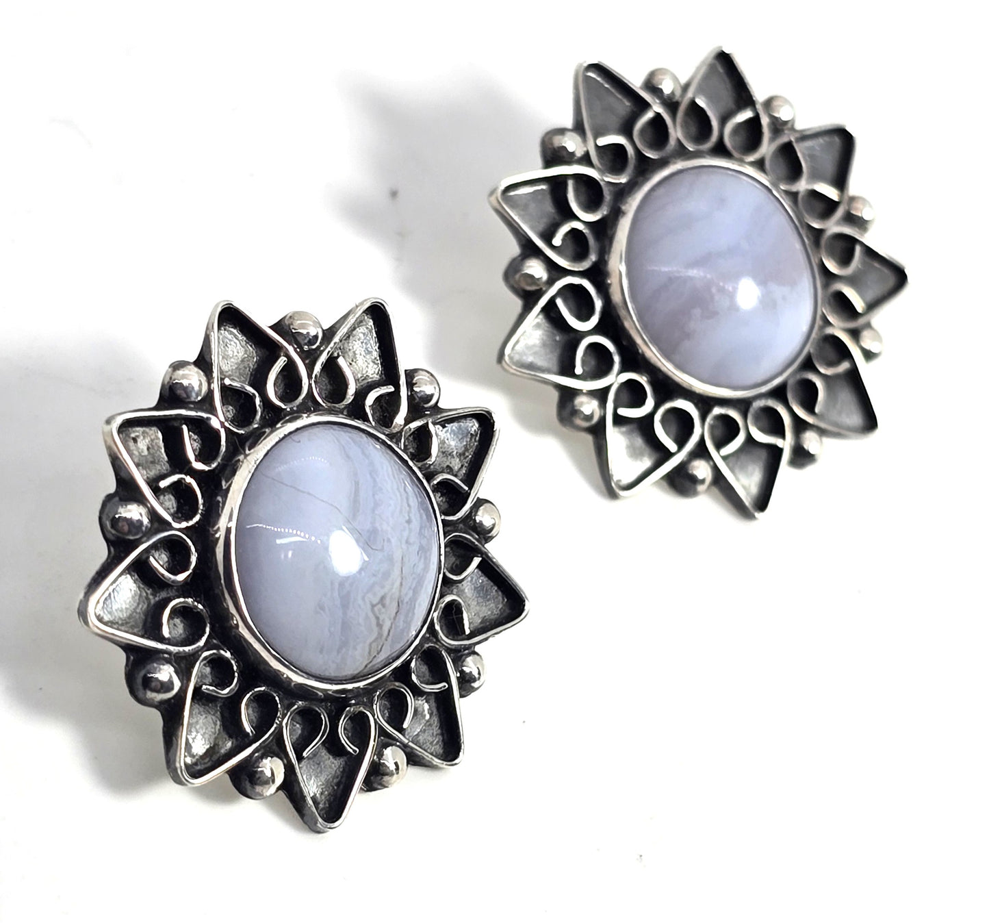 CII Blue Lace Agate Mexican sterling silver post stud vintage earrings