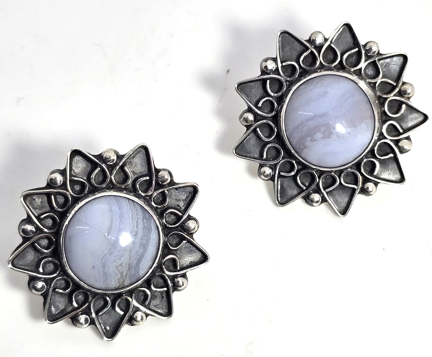 CII Blue Lace Agate Mexican sterling silver post stud vintage earrings