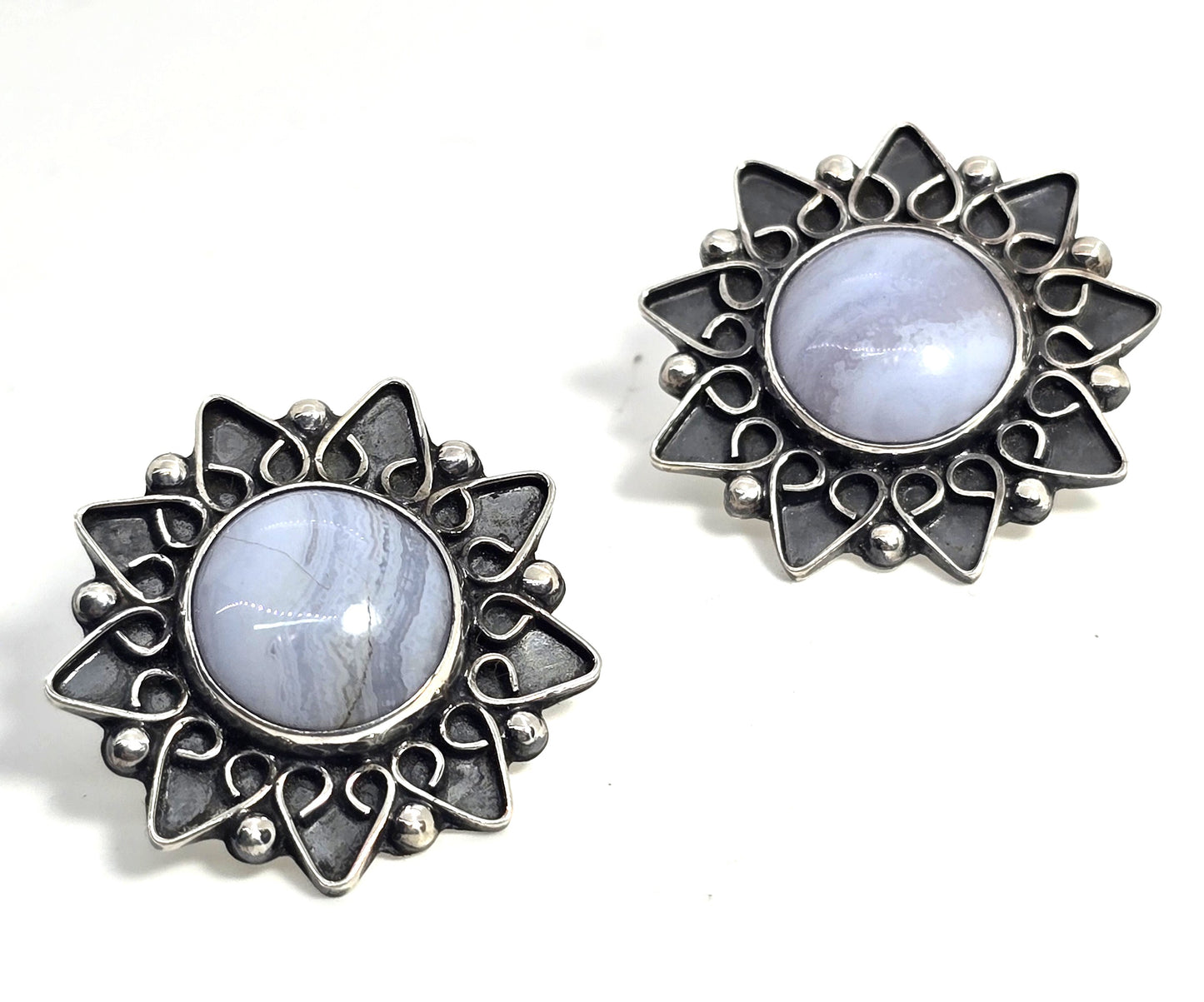 CII Blue Lace Agate Mexican sterling silver post stud vintage earrings