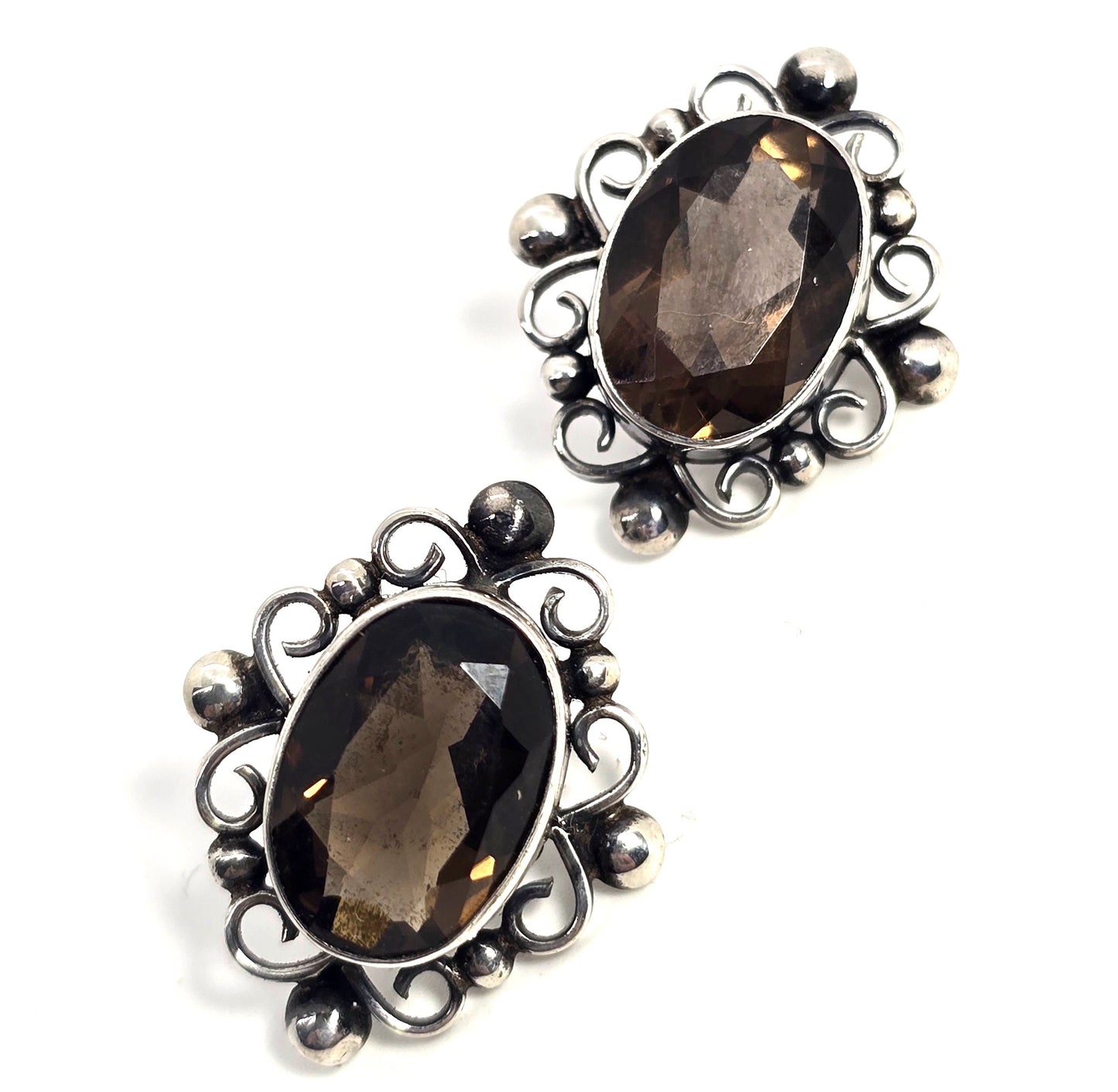 Brown smokey quartz vintage filigree sterling silver stud earrings