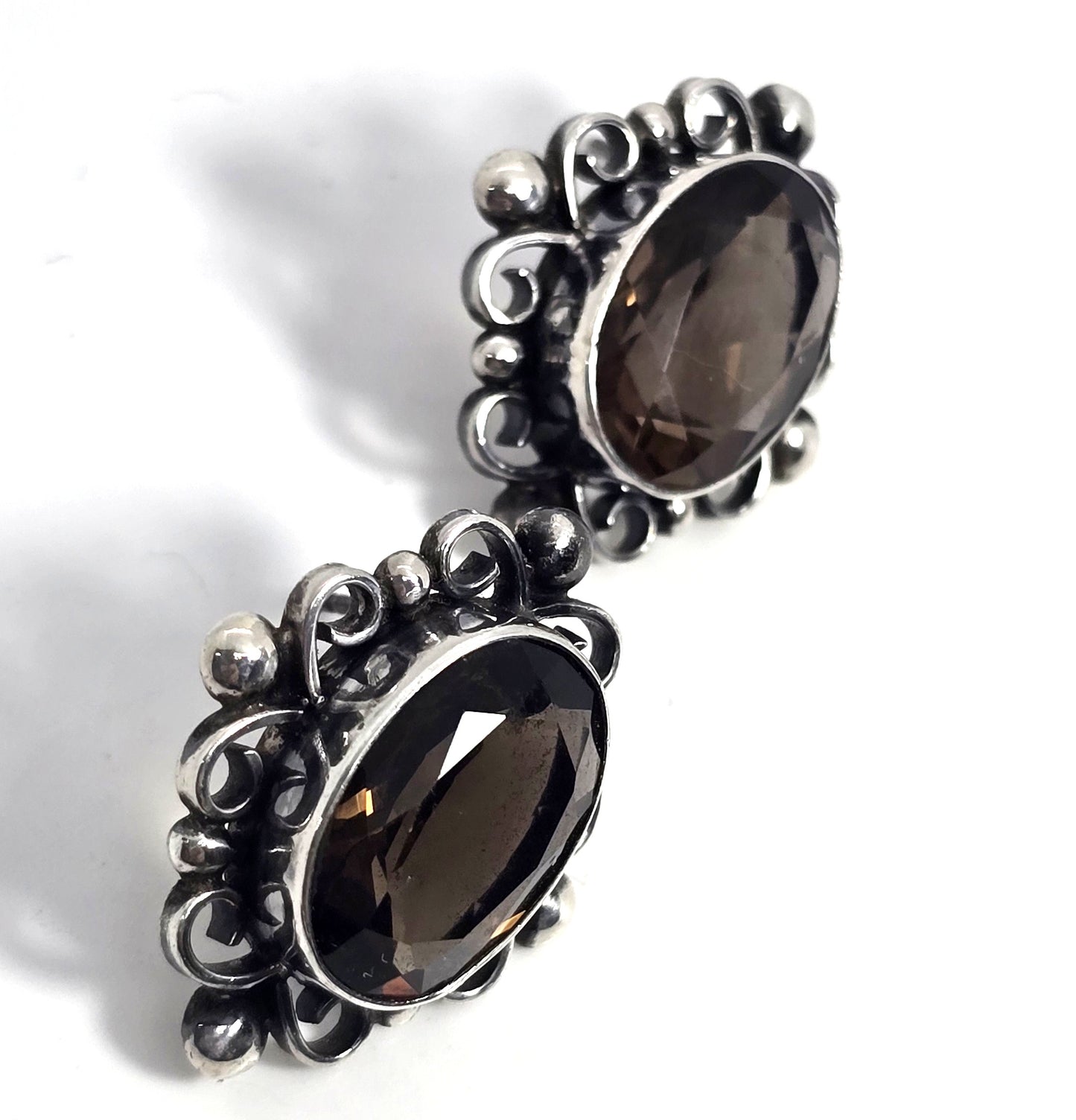 Brown smokey quartz vintage filigree sterling silver stud earrings