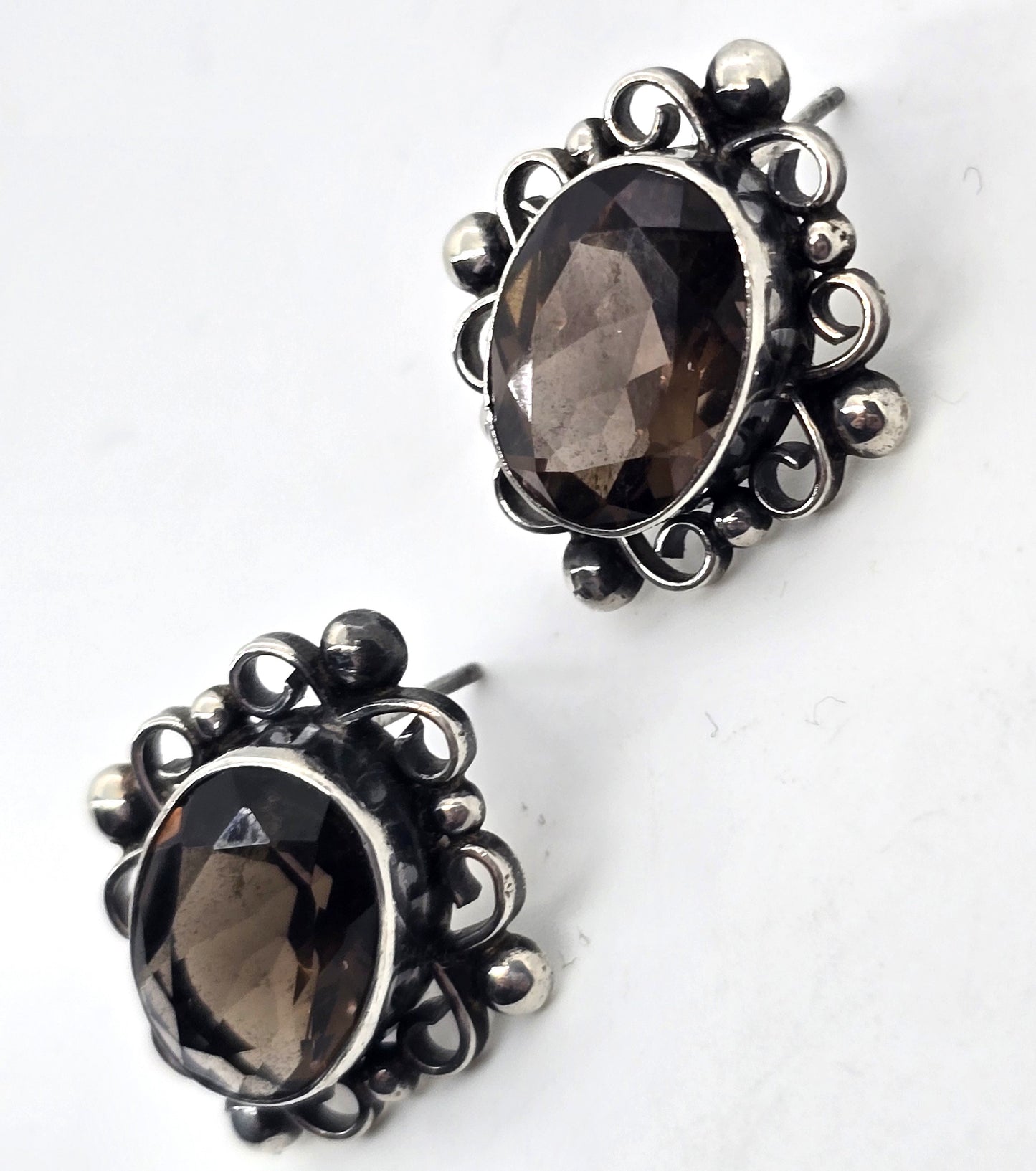 Brown smokey quartz vintage filigree sterling silver stud earrings