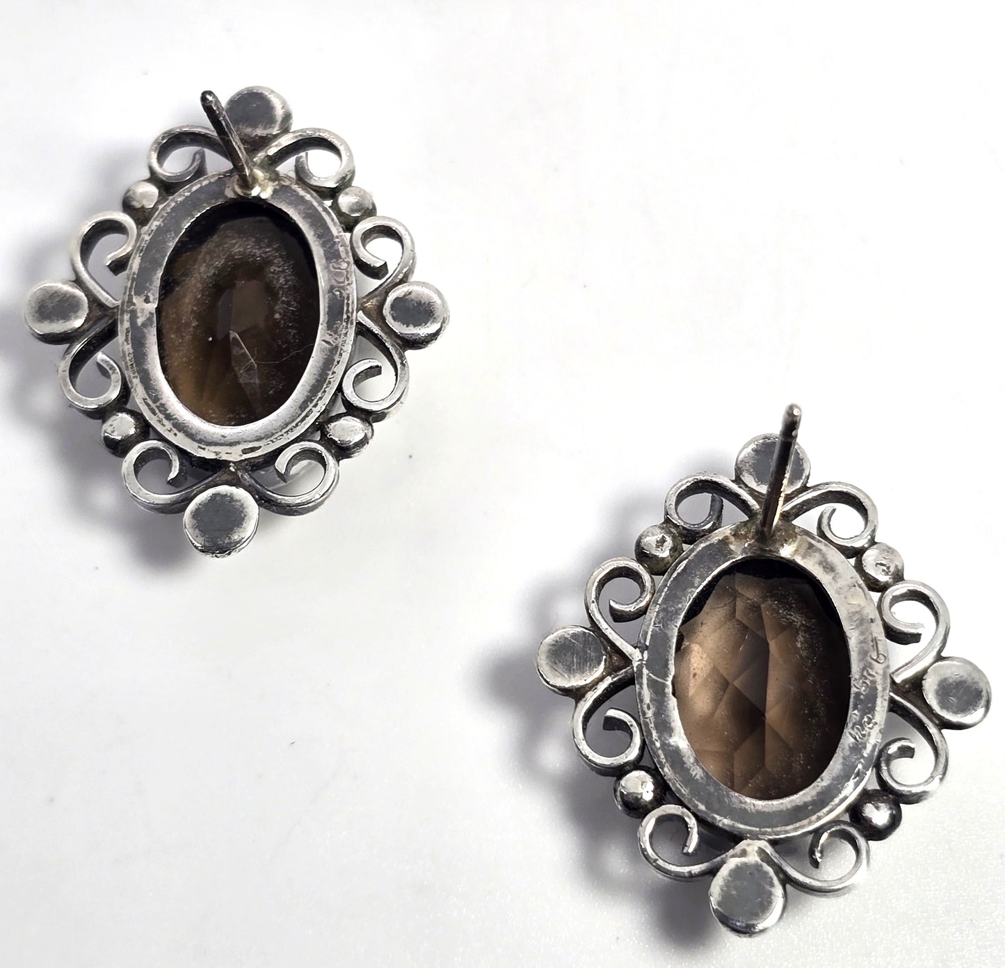 Brown smokey quartz vintage filigree sterling silver stud earrings