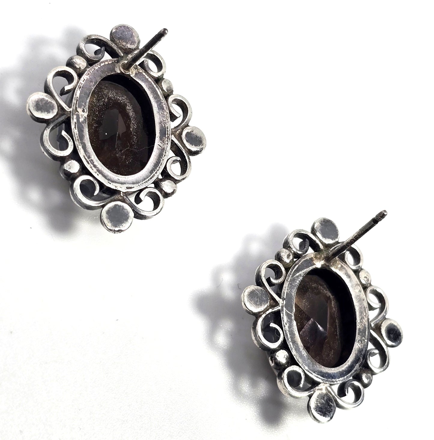 Brown smokey quartz vintage filigree sterling silver stud earrings