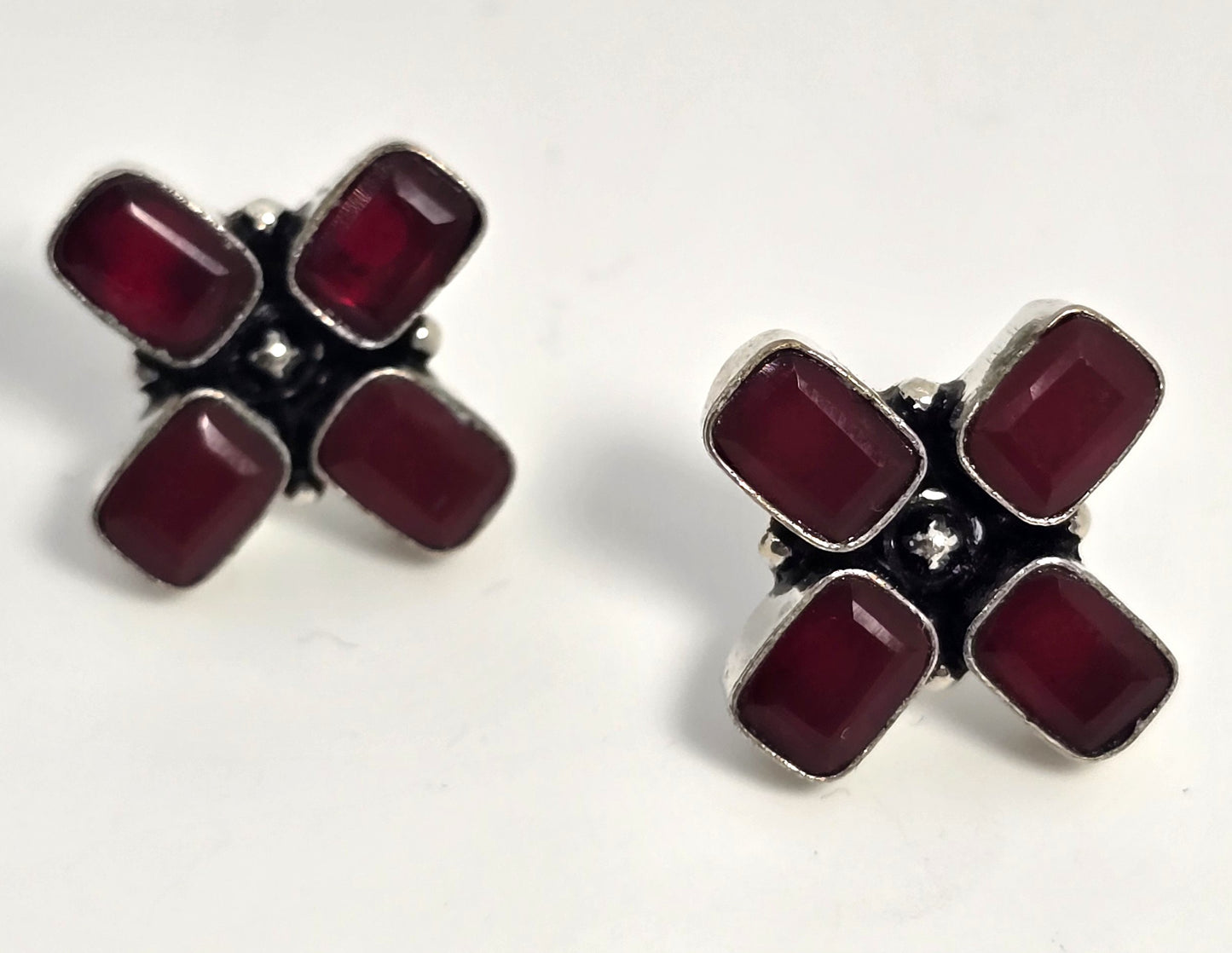 Synthetic Ruby emerald cut 4 stone large sterling silver stud earrings