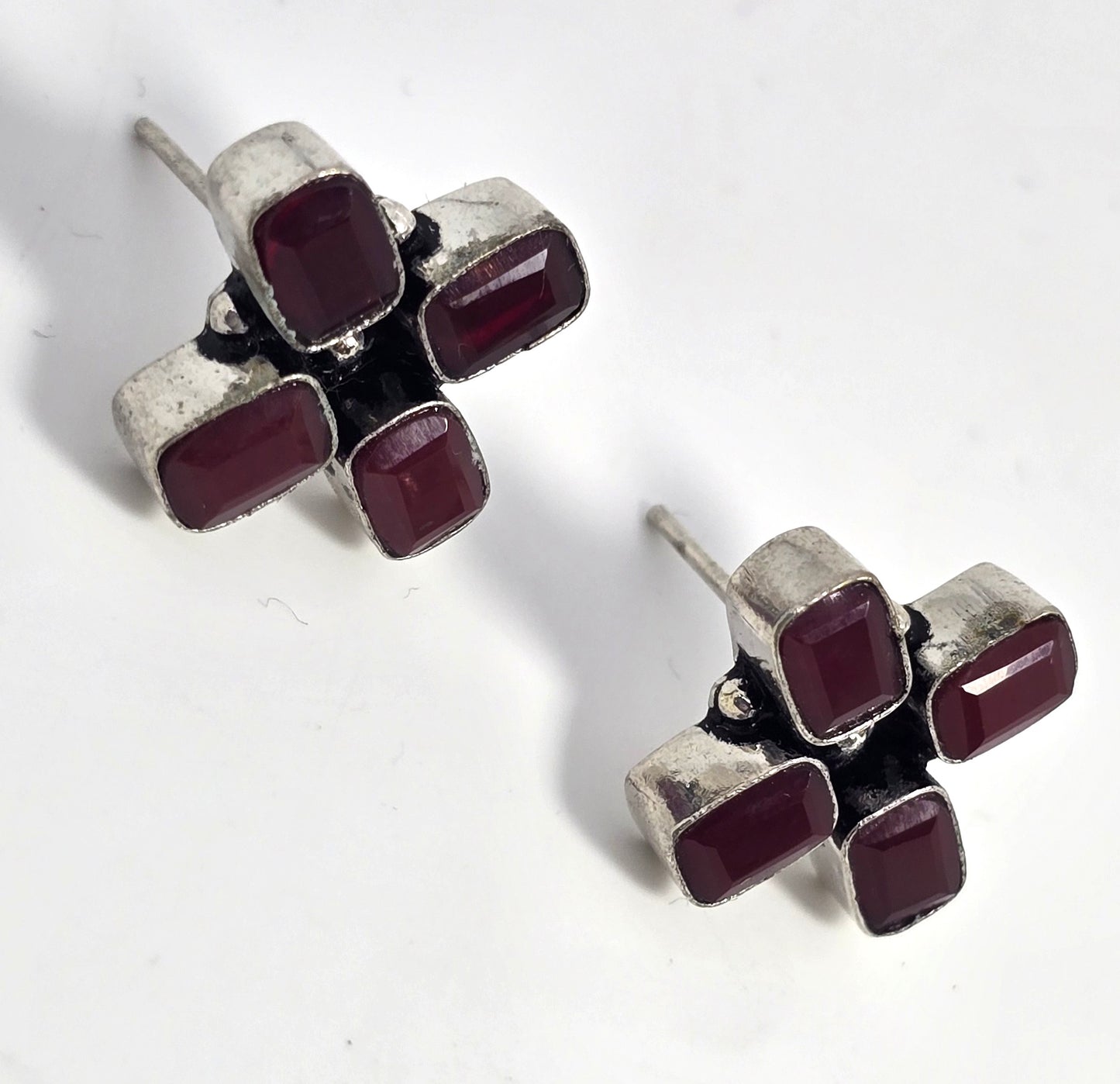 Synthetic Ruby emerald cut 4 stone large sterling silver stud earrings