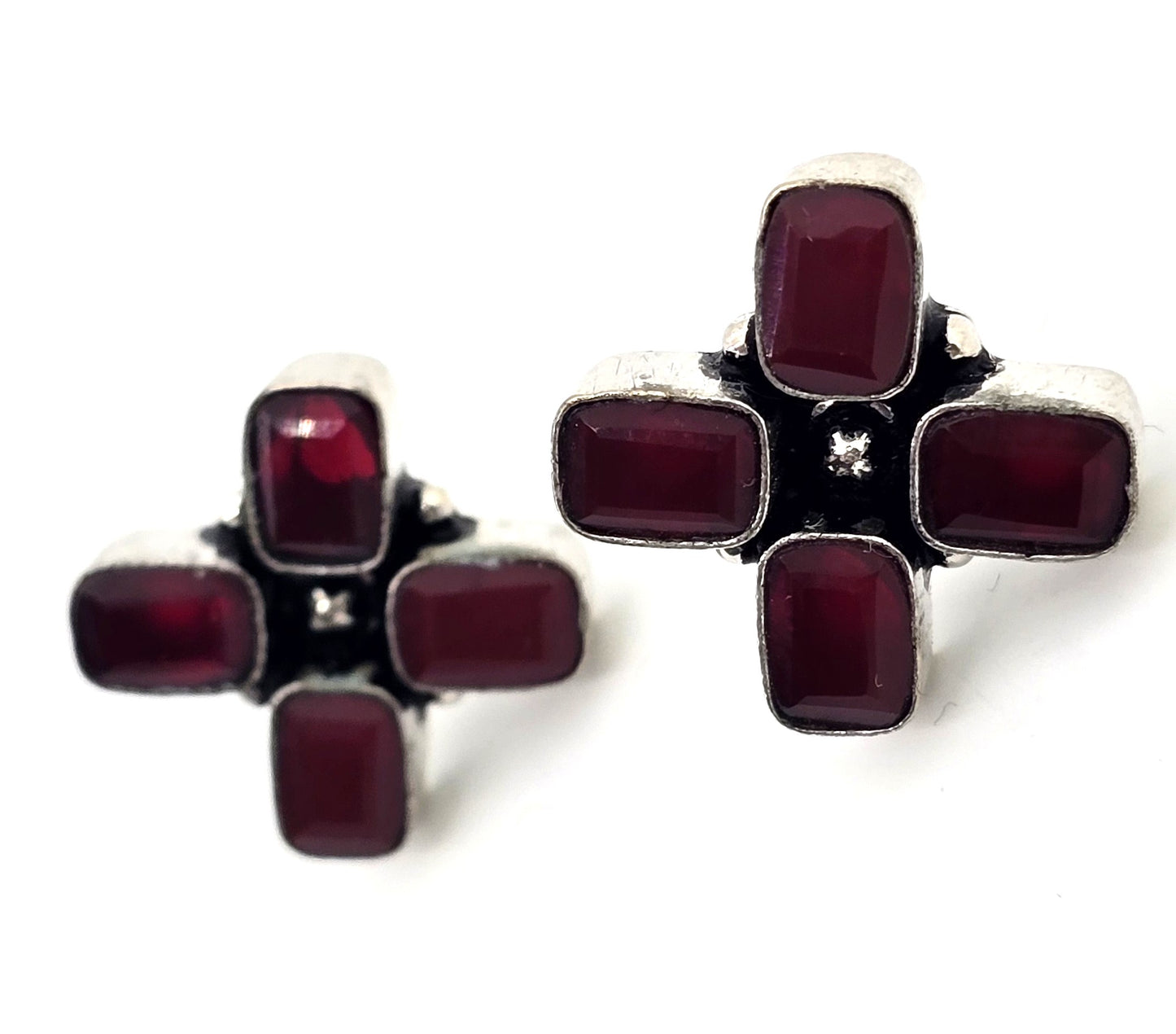 Synthetic Ruby emerald cut 4 stone large sterling silver stud earrings